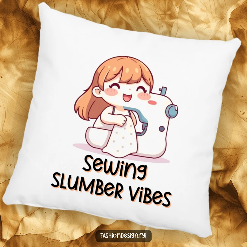 Funny pillow showing a happy character sewing, offering comfort and a humorous touch of handmade delight.