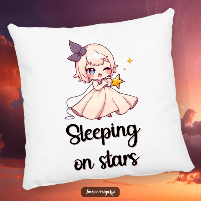 Funny Seamstress Star Pillow: A mischievous character stitches a tiny winking star onto a flowing gown, humorous comfort, funny gift.