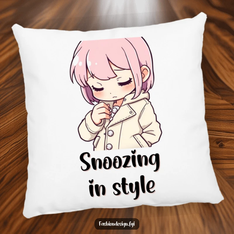 Funny button stitcher pillow showing a character meticulously sewing tiny sparkling buttons onto a stylish jacket, comfortable funny gift.