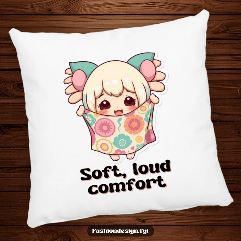 Funny pillow showing a character with a delighted expression holding up a piece of wildly patterned fabric.