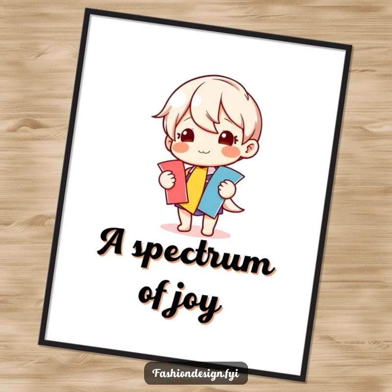 Funny digital art print of a happy character selecting colorful fabric swatches, perfect for adding creative and humorous decor.