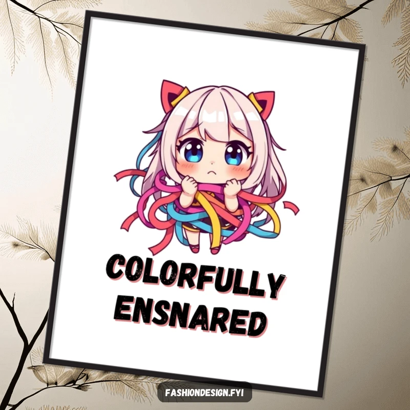 Funny digital art print of a character comically tangled in colorful ribbons, looking playfully frustrated.