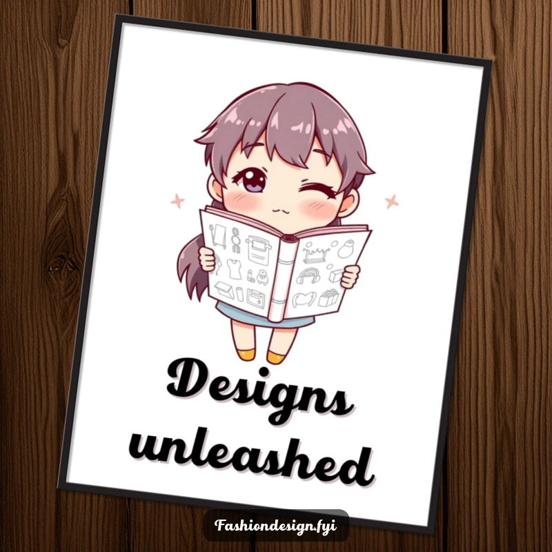 Funny Digital Art Print of a winking character holding a sketchbook filled with designs, ideal for creative spaces.