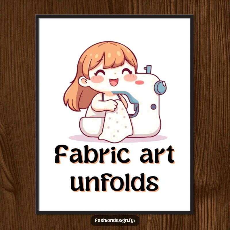 Funny digital art print of a happy character sewing a garment, bringing playful humor and whimsical charm to any display.