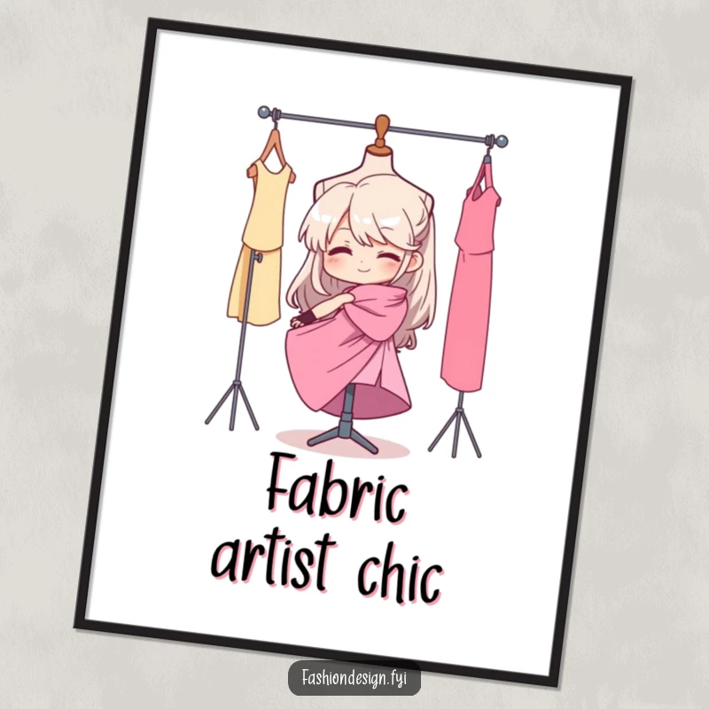 Funny digital art print capturing a determined seamstress elegantly draping fabric on a mannequin, perfect for fashion-themed spaces.