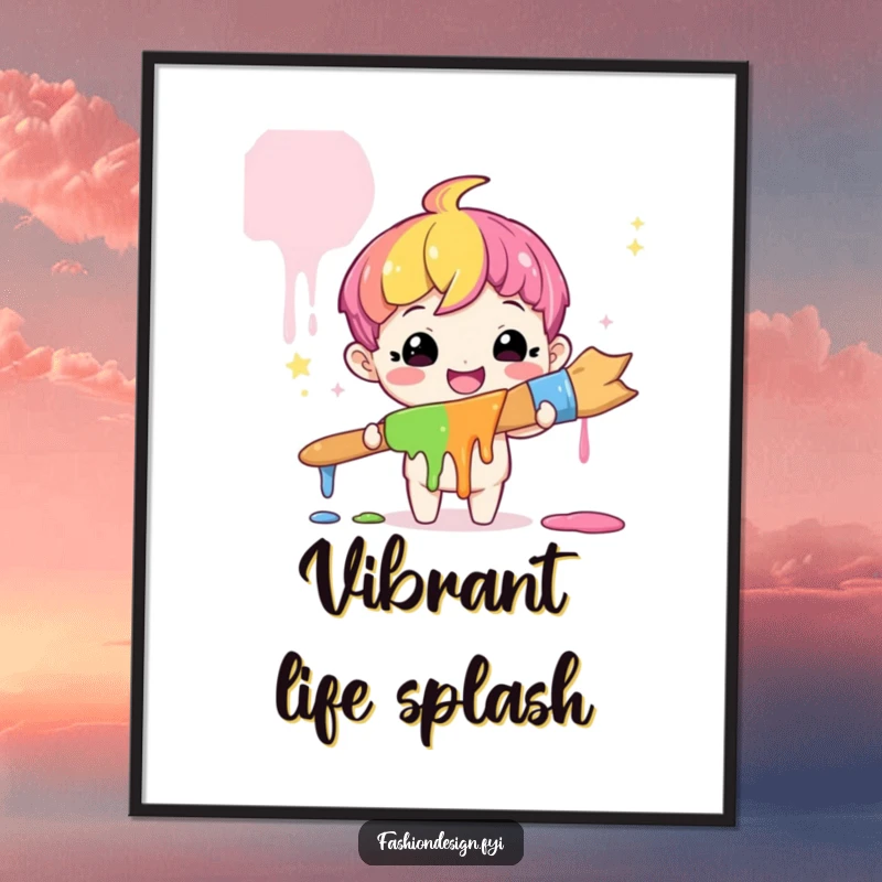 Funny Artist Rainbow Digital Art: A cute character smiles amazed holding a giant paintbrush dripping rainbow paint, printable funny gift.