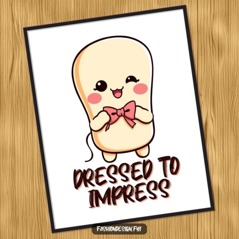 Funny cheerful baguette with arms, sewing a tiny bow with needle and thread, digital art, funny gift.