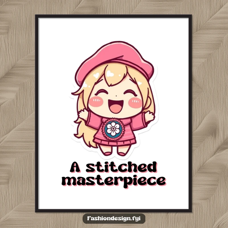 Funny digital art print of a joyful character in a beret, proudly displaying a beautifully embroidered patch, perfect for immediate home decor and art lovers.