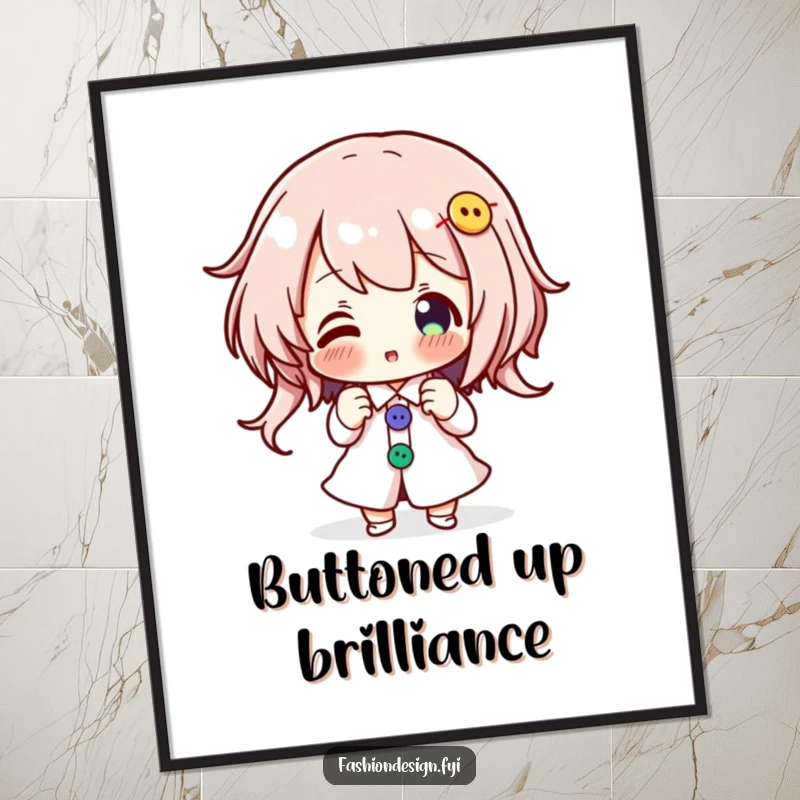 Funny digital art print of an enthusiastic character pinning colorful buttons onto a design, printable wall art.