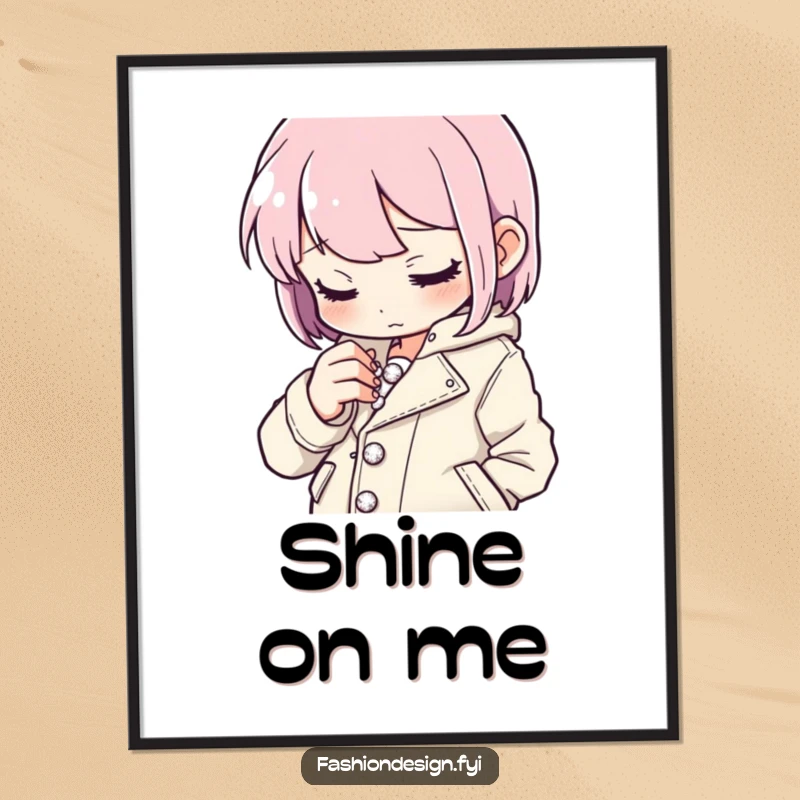 Funny button stitcher digital art print of a focused character sewing tiny sparkling buttons onto a stylish jacket, chic and humorous, funny gift.