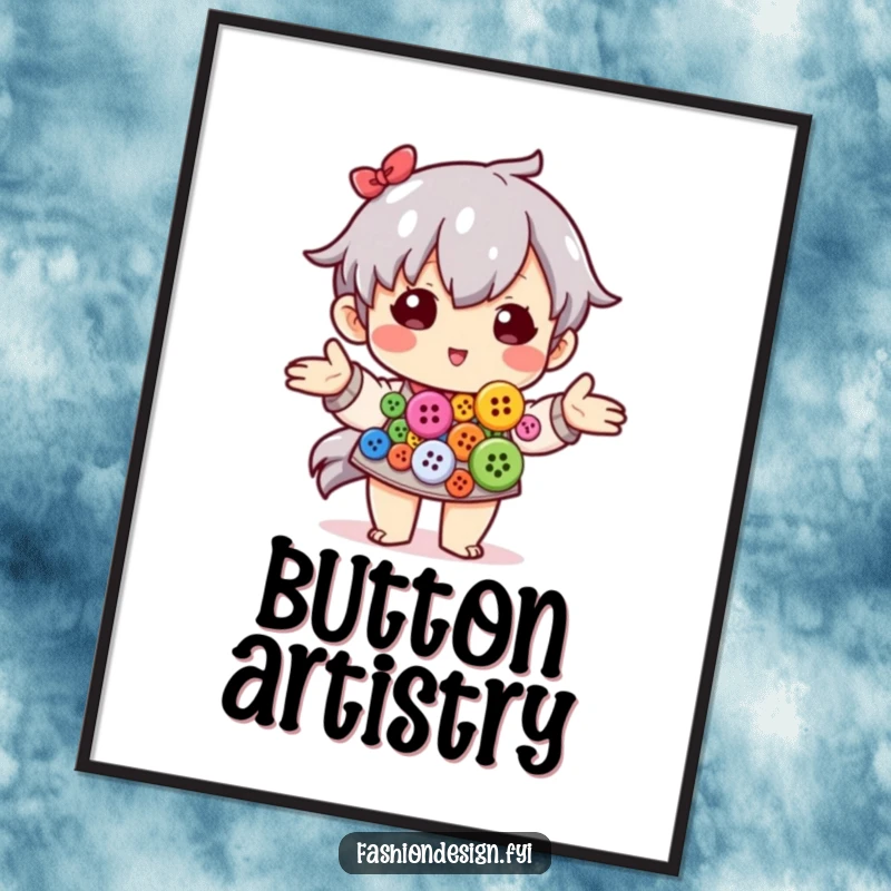 Funny digital art print of a proud character artfully arranging a collection of colorful buttons.