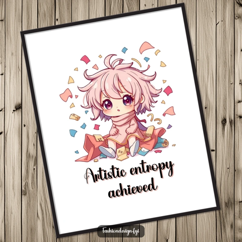 Funny digital art print showing a character in creative chaos, with fabric scraps flying dynamically; captures the essence of artistic mess.