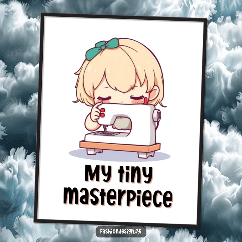 Funny digital art of a curious character examining a tiny sewing machine, for artistic and humorous decor.