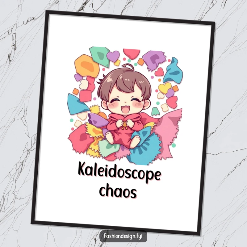 Funny digital art print of a character laughing heartily, enveloped by a joyous, chaotic scattering of colorful fabric scraps, a true artistic delight.