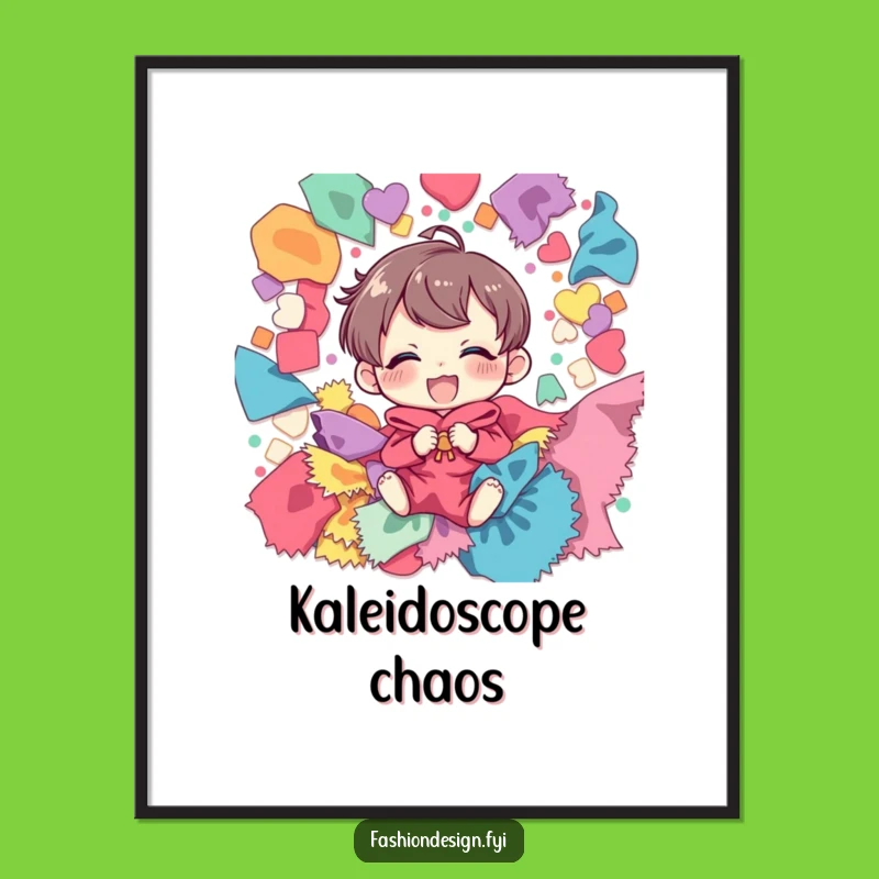 Funny Digital Art Print: Giggling Crafter's Colorful Fabric Scrap Masterpiece