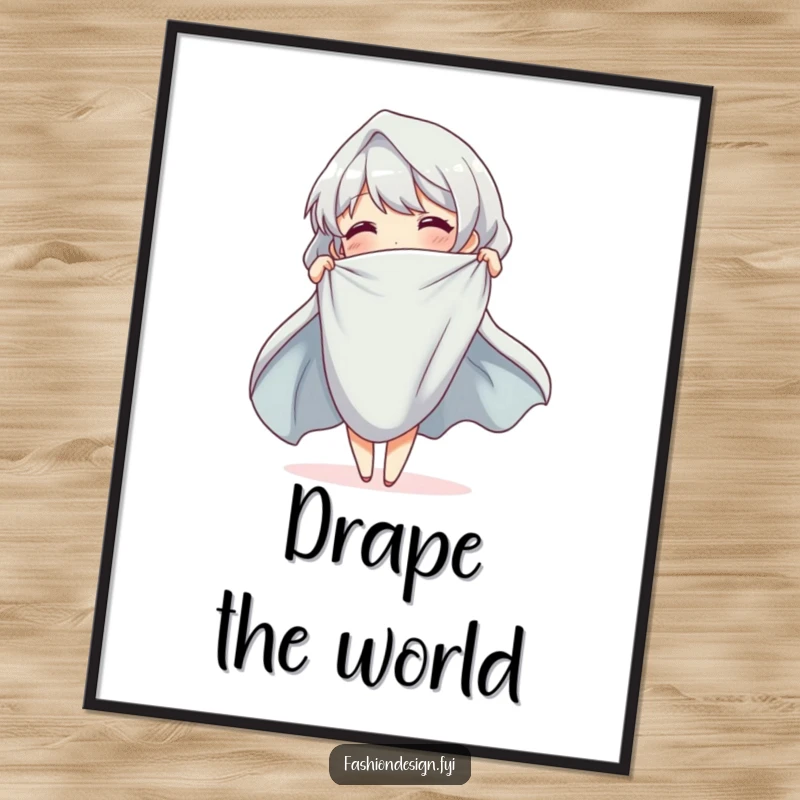 Funny Digital Art Print of a cheerful character elegantly draping cloth with fluid, graceful motions, ideal for decor.