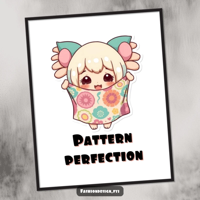 Funny digital art print of a character with a delighted expression holding up a piece of wildly patterned fabric.