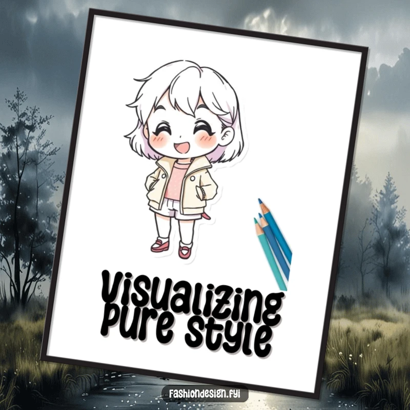 Funny digital art print of a cheerful character enthusiastically sketching a fashion design, celebrating creativity and style.