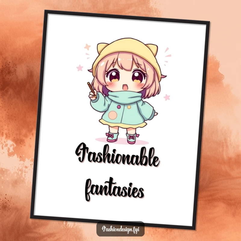 Funny digital art of an excited character sketching a whimsical and stylish outfit, perfect for fashion lovers.