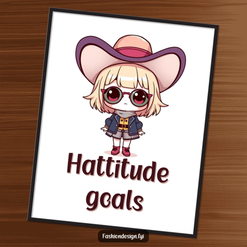 Funny digital art print of a proud fashionista character showcasing a ridiculously stylish hat, bringing instant chic to any room.