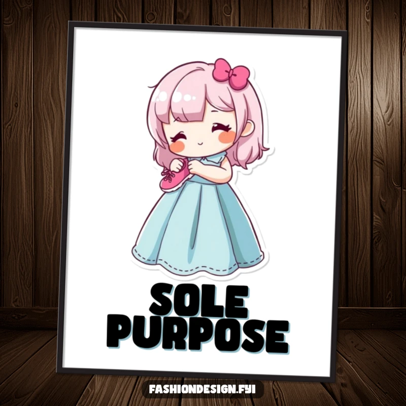 Funny digital art print of a content character happily sewing a tiny, smiling shoe onto a vibrant dress form, celebrating the handmade.