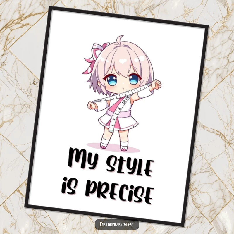 Funny digital art print of a character dramatically posing, wearing a long measuring tape like a sash; celebrates precision and design.