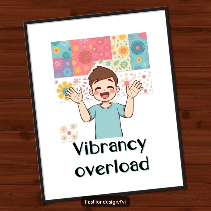 Funny digital art print of an excited person gesturing at a mood board filled with vibrant patterns, symbolizing creativity.