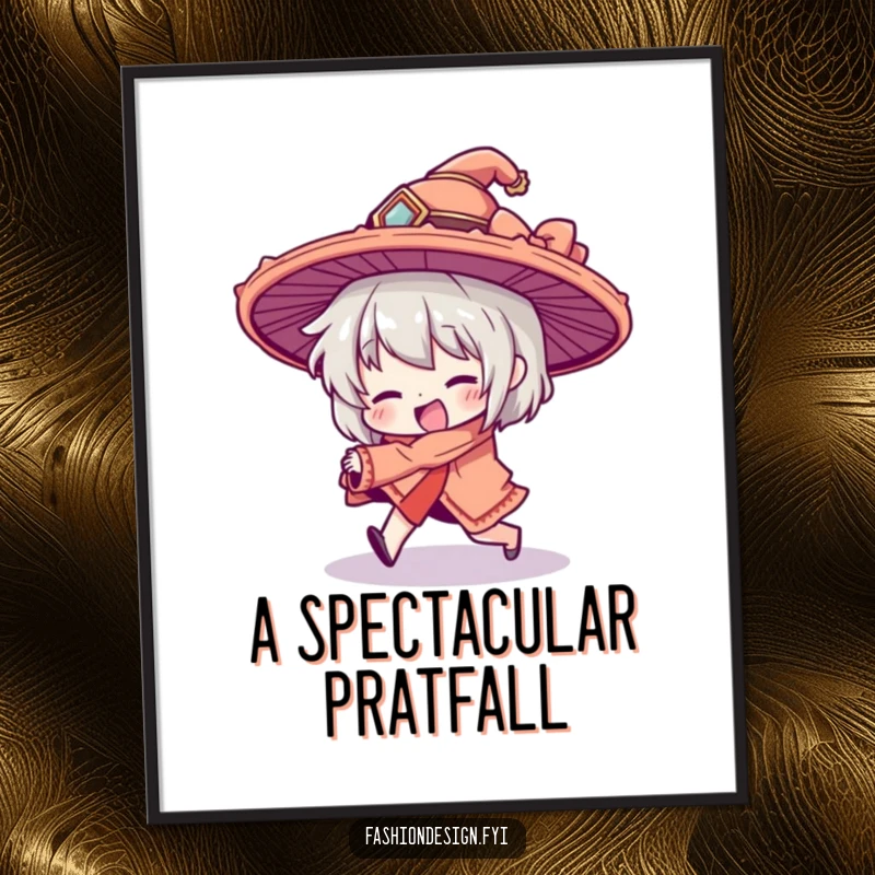 Funny digital art print of a character comically tripping, their elaborate oversized hat tilted; captures a moment of pure slapstick comedy.