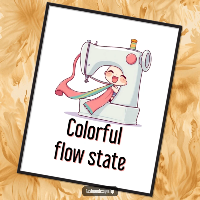 Funny ribbon pull digital art print of a delighted character pulling a long colorful silk ribbon from a giant sewing machine, joyful and humorous, funny gift.