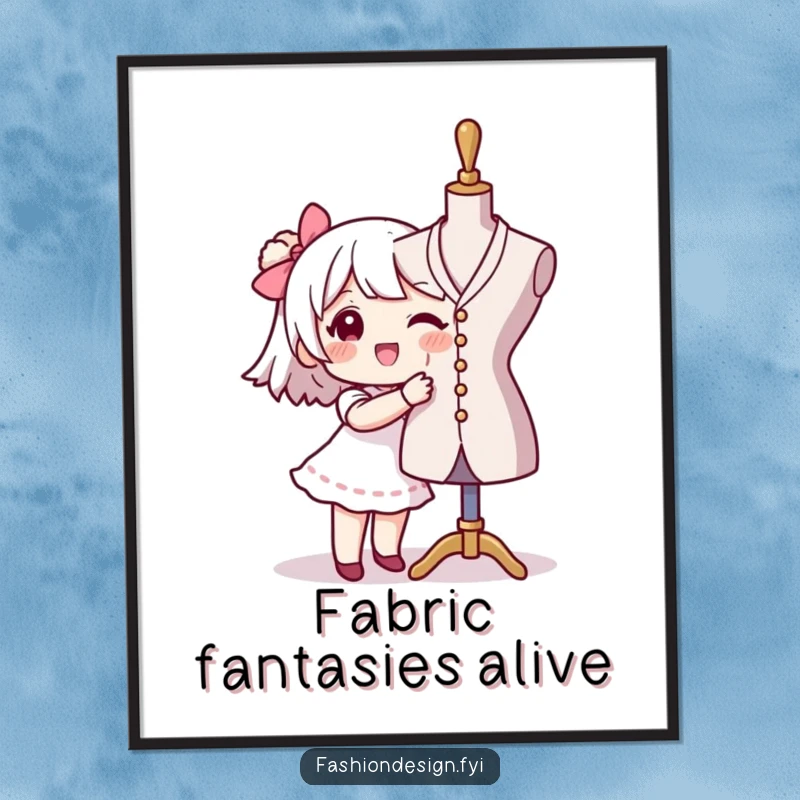 Funny seamstress digital art print of a character happily pinning fabric to a mannequin, adding artistic flair and humor to wall decor.