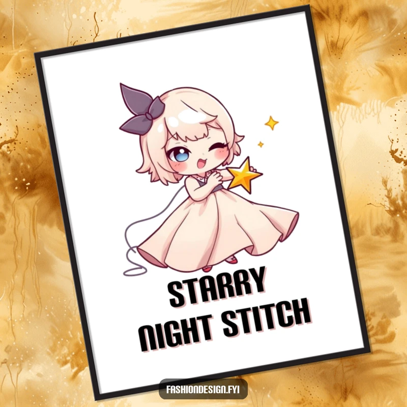 Funny Seamstress Star Digital Art: A mischievous character stitches a tiny winking star onto a flowing gown, printable funny gift.