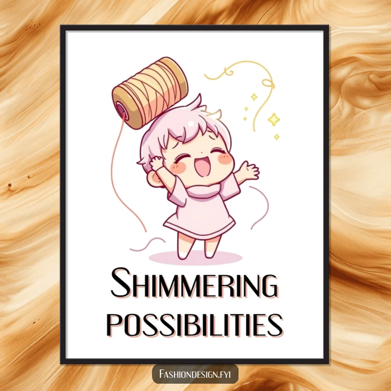 Funny digital art of a character gleefully tossing a spool of shimmering thread, celebrating the joy of sewing.