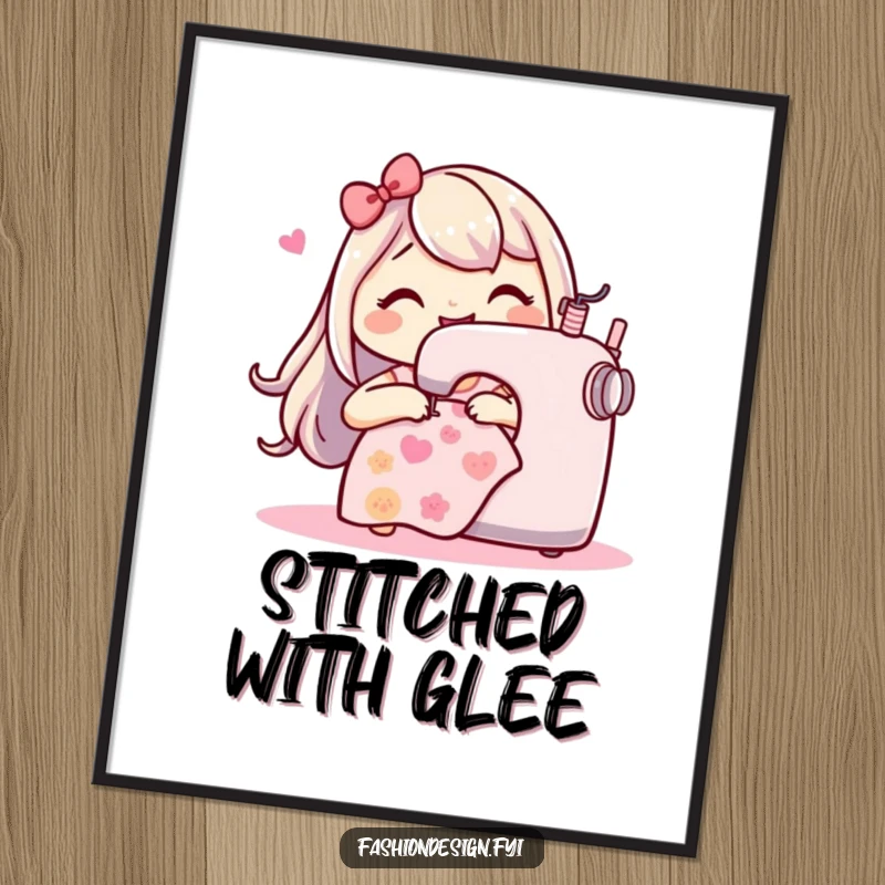 Funny Sewing Machine Digital Art: Happy character gleefully stitching a playful pattern, instant download for humorous and creative wall decor.