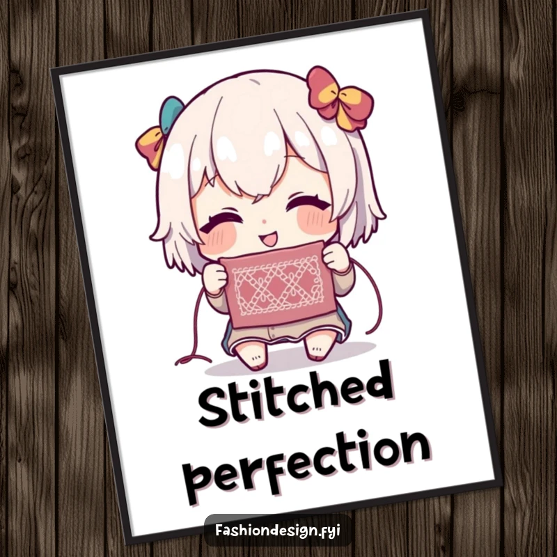 Funny digital art print of a character showing extreme delight while admiring a single, delicate, intricate stitch.