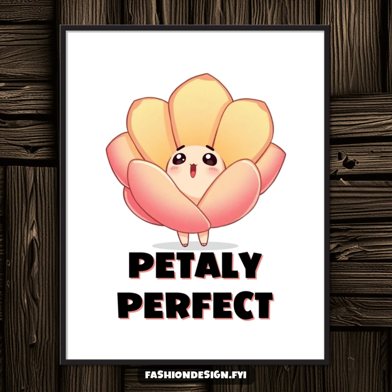 Funny digital art print of a surprised character looking up as a large, embroidered fabric petal drifts gently down, creating a moment of awe.