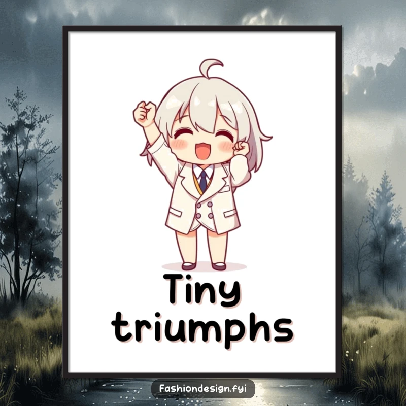 Funny digital art of a triumphant character holding a perfectly tailored miniature garment, celebrating tailoring skill.