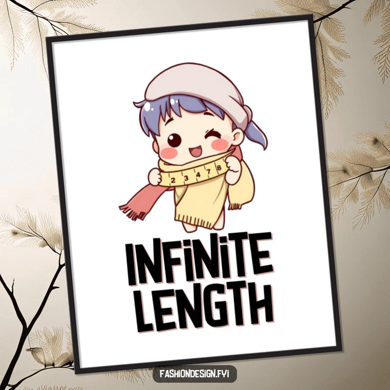 Funny digital art print of a cheerful character humorously measuring an impossibly long scarf with a tape measure.