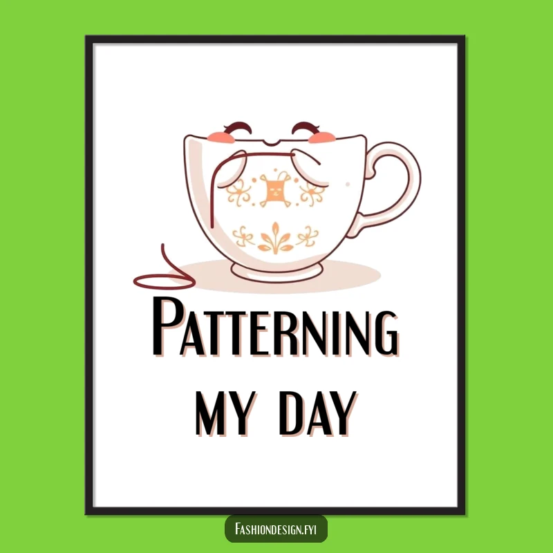 Funny Teacup Embroidering Digital Art Print: Instant Whimsy for Your Home Decor