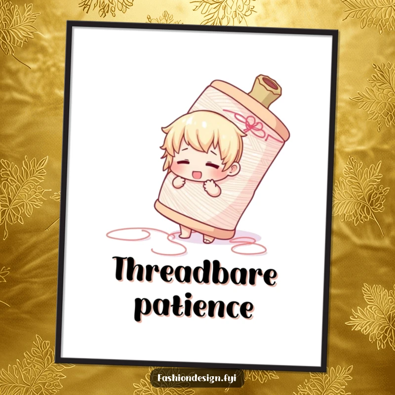 Funny digital art print of a cute character adorably battling a gigantic spool of thread, printable wall decor.