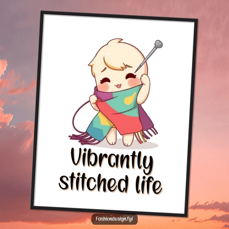 Funny zig-zag stitch digital art print of a playful character using a giant needle to create an exaggerated stitch on a vibrant scarf, bold and humorous, funny gift.