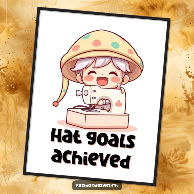 Funny Digital Art Print of a gleeful character laughing while sewing a comically oversized hat on a giant sewing machine.