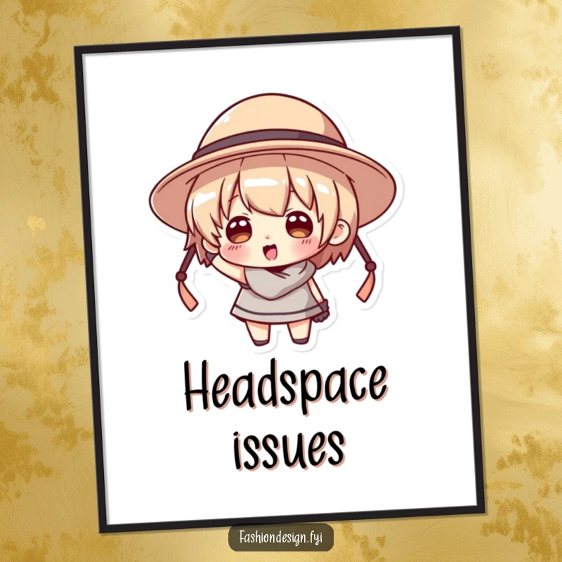 Funny digital art print of a character comically trying on a hat that is comically too big for their head.