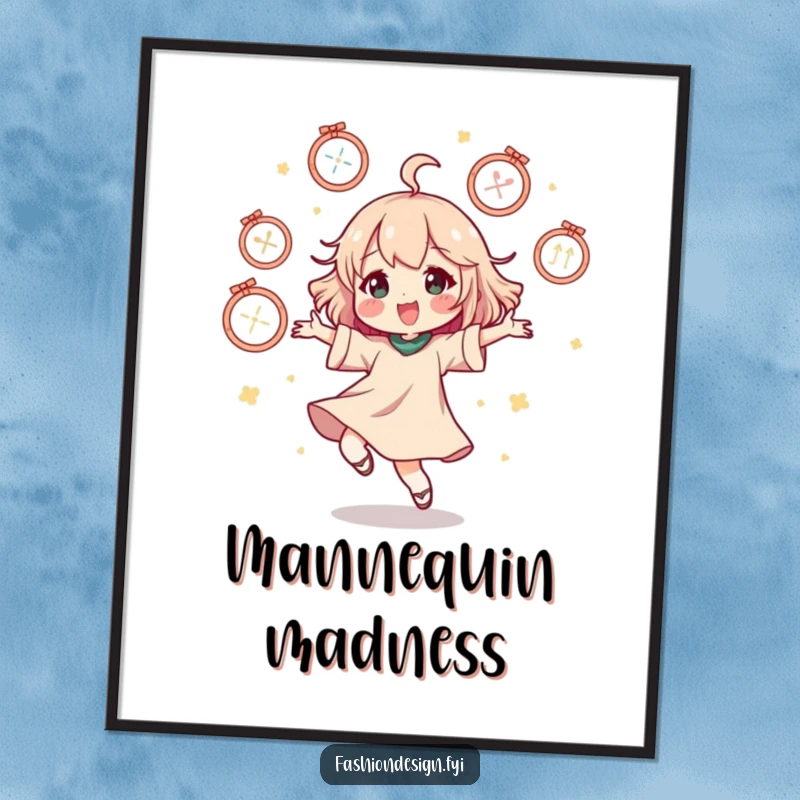 Funny digital art print of a character doing a happy dance surrounded by floating mannequins, printable wall art.