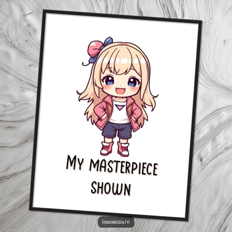 Funny digital art print of a joyful character posing confidently in a stylish outfit they created, celebrating fashion.