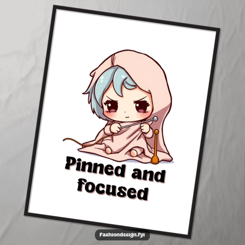 Funny digital art print of a character concentrating intently while pinning fabric for a sewing project.