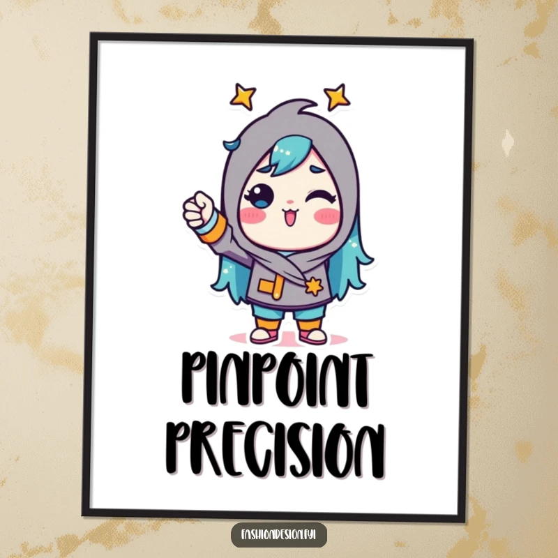 Funny Digital Art Print of a triumphant character pinning fabric with a bold, confident gesture, perfect for decor.