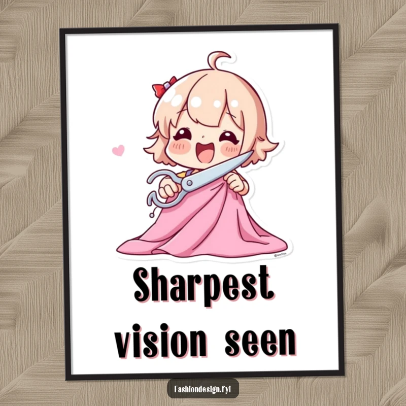 Funny digital art print of a playful character excitedly cutting fabric with large scissors, celebrating sewing and crafting.