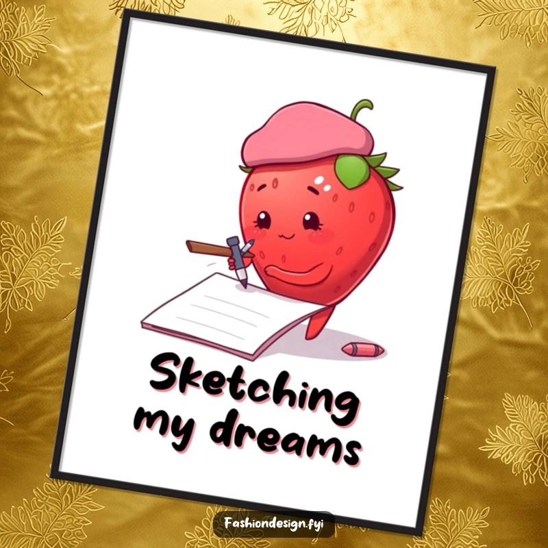 Funny plump strawberry wearing a beret, dramatically sketching on a large notepad, digital art, funny gift.