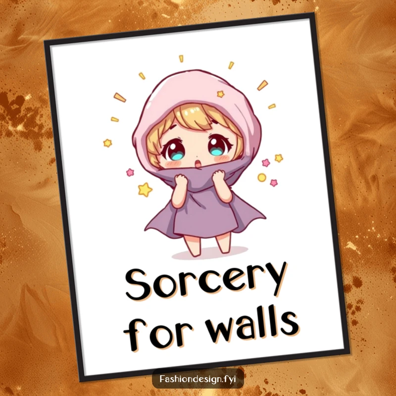 Funny Digital Art Print: Character looking surprised as a fabric swatch magically transforms, a whimsical piece.