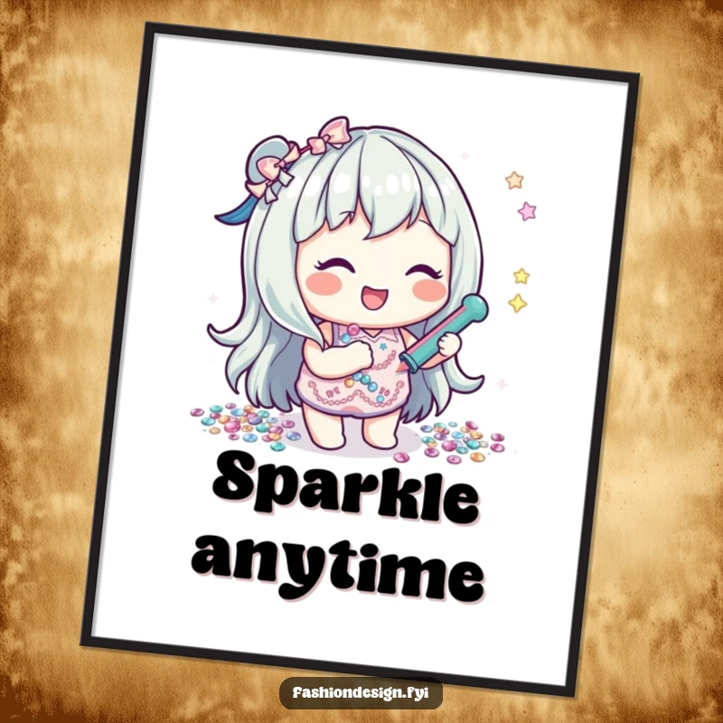 Funny digital art print of a lighthearted character happily gluing shiny sequins, bringing instant sparkle and crafty vibes to any room.